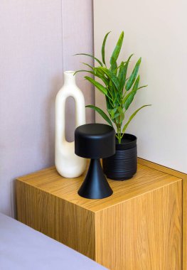 Seramik sanat dekoru ve çiçek saksısı komodinin üzerinde.