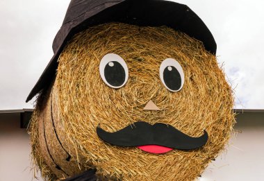 Tarım fuarında kuru ot saman balyası süslemesi