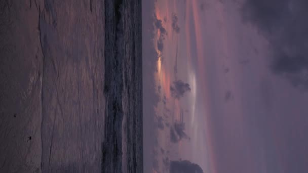 海滨白沙滩与绿松石的垂直视频热带海水与夕阳西下的香草天空 热带自然夏季风景 度假背景 — 图库视频影像