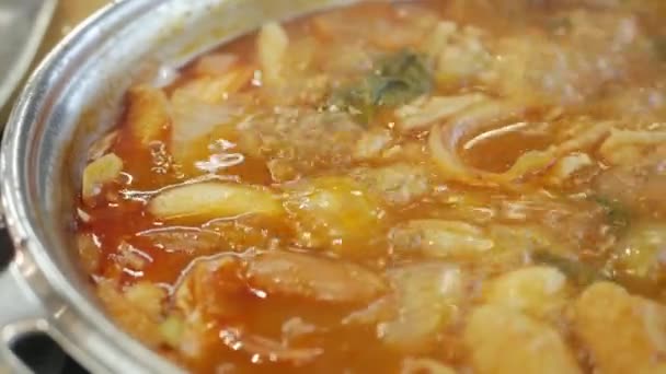 Close Boiling Korean Kimchi Tteok Pokki Soup Full Pork Vegetable — Stock video