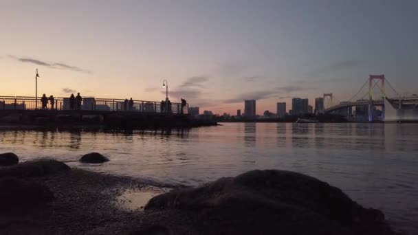 東京湾の夕日の空の景色を背景に虹の橋と東京都 — ストック動画
