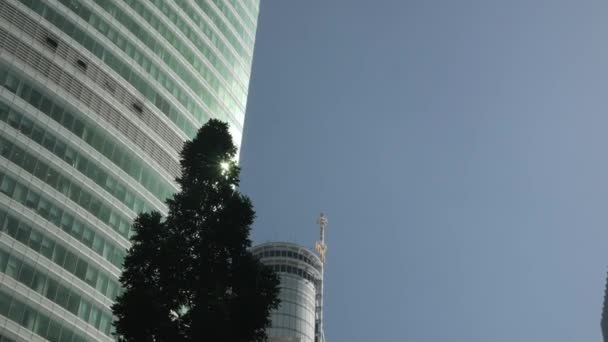 Plan Rapproché Steadicam Faible Angle Immeuble Bureaux Moderne Façade Verre — Video