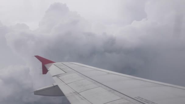 天空透过飞机窗向天空的视野 在白天带着翅膀飞过毛茸茸的云彩 空中俯瞰云彩和天空灵感的概念 自然背景云彩 — 图库视频影像