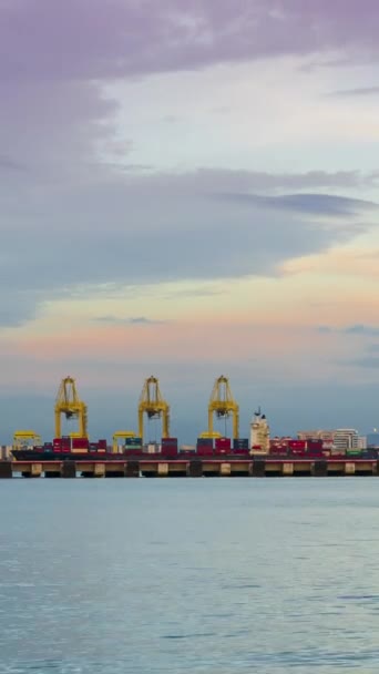Verticale Tijdspanne Van Diepzeehaven Met Vrachtschip Laden Lossen Met Veel — Stockvideo