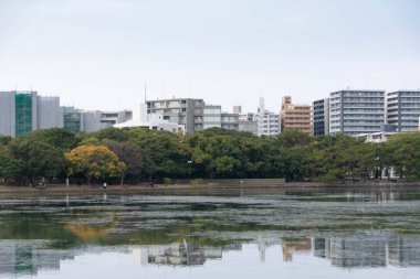 Şehir merkezinin ufuk çizgisi göl üzerindeki doğal manzara gündüz vakti Japonya 'nın doğal göl parkı güneş ışığı altında.