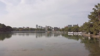 Japonya, Hakata, Fukuoka 'daki Ohori halk parkındaki göl gölünün doğal manzara manzarası. Sonbahar günü açık mavi gökyüzü altında ve şehir yatay hat üzerinde.