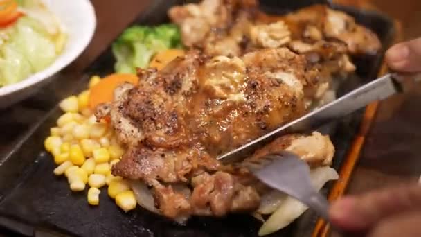 Close Steak Knife Cuts Slice Cooked Sirloin Steak Fork Lifts — Vídeos de Stock