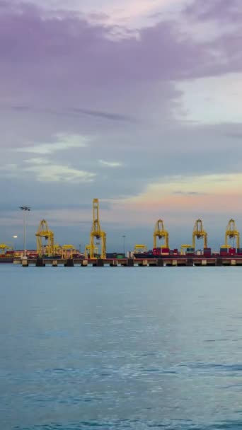 多くの貨物コンテナを積載して積み降ろしする貨物船を有する深海港の垂直的なタイムラプス コンテナ船による貨物輸送の輸出入 輸送輸送コンセプト — ストック動画