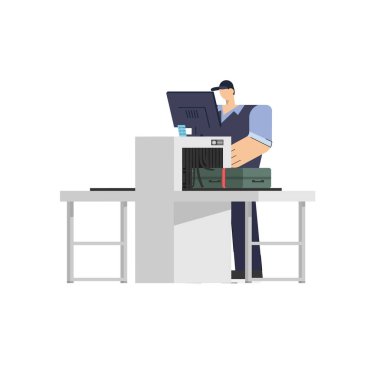 security staff searching the passenger luggage in x ray scanner machine for safety scanning