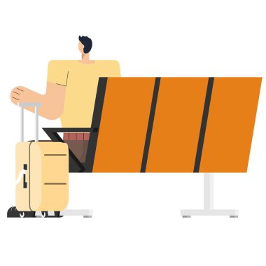 cartoon charector passenger waiting and relaxing on lounge chair in airport terminal departure hall waiting for boarding plane flight