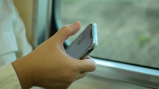 Man Commuter Train Subway Metro Traveling Uses Smartphone Happy Tourist — Stockvideo