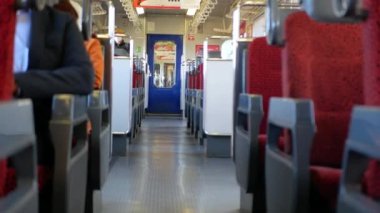 view interior inside train japanese commuter while running without any passenger in daytime, japan public transportation