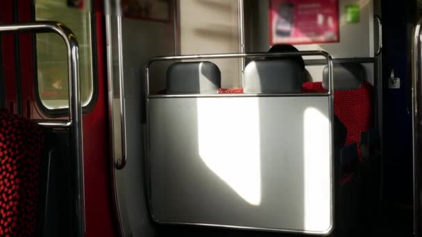 View Train Commuter Car Door Window While Moving Sunlight Shine — Vídeo de Stock