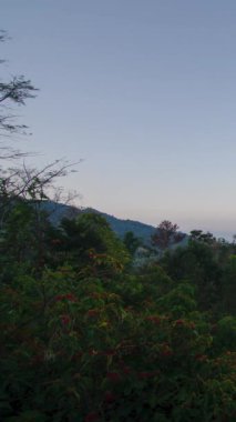 Bulutlu doğal kış dağlarının dikey görüntüsü. Flores tropikal cenneti. Dağ sırası açık mavi gökyüzü altında, Aerial View. Manzaralı Gün Işığı
