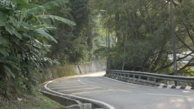 natural view of the local road outdoor through the tropical rain tree forest in Kuala lumpur,Malaysia suburb under sunshine day , southeast asia landscape road
