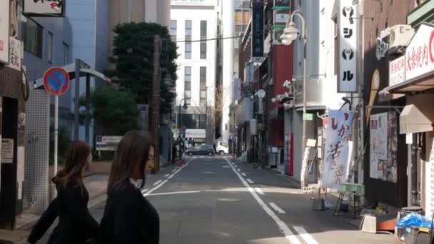 11月17日 日本福冈 汽车和人们白天在福冈的现代化建筑之间穿梭穿梭 有广告牌和广告牌 日本的街景 — 图库视频影像
