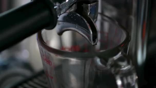 エスプレッソを飲みながら閉じるエスプレッソメーカーのマシンの両側から注ぎ込む小さなコーヒーカップに注ぐ新鮮な芳香のあるエスプレッソ コーヒー醸造朝の飲み物のためのマグカップ — ストック動画