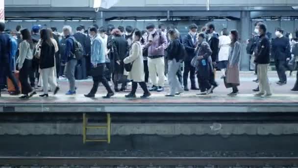 2022年11月13日福岡多くの乗客がラッシュ時に到着地下鉄通勤電車のための地下鉄日本駅のプラットフォーム上で待っています — ストック動画