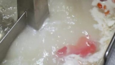 Çin usulü Shabu Shabu Shabu 'ya 4k video POV ile servis edilirken aynı zamanda dilimlenmiş domuz eti ve vejetaryen tenceresi kullanılıyor. Çin yemeği Japon yemeği.