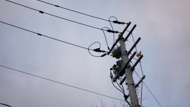 Widok Elektrycznego Bieguna Elektrycznego Niebezpieczeństwo Linii Kablowej Koncepcji Bezpieczeństwa Pod — Wideo stockowe