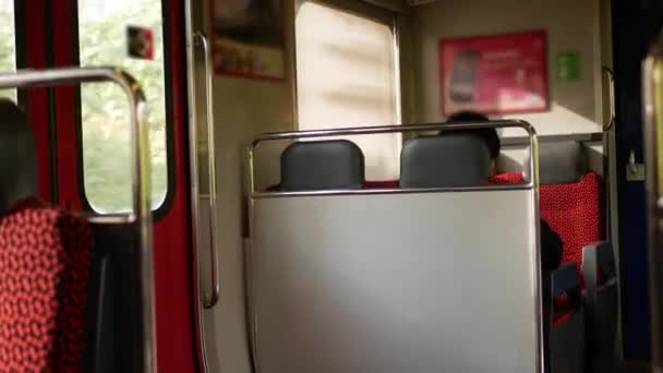 View Train Commuter Car Door Window While Moving Sunlight Shine — Stock videók