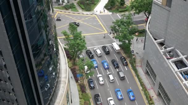 Singapore City Downtown Traffic Streets Aerial Topdown View Many Cars — Stock Video