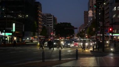 17 Kasım 2022 Fukuoka, Japonya. Gündüz Fukuoka 'da reklam panoları ve reklam panoları olan modern binalar arasında arabalar ve insanlar trafiği yürütüyor. Japonya 'da sokak manzarası