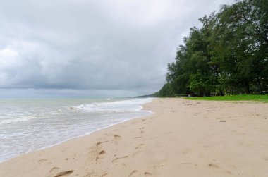 Sakin deniz okyanusu ve berrak mavi gökyüzü arkaplanlı tropikal beyaz kum plajı. Mavi gökyüzü ve beyaz bulut arkaplanlı tropikal beyaz kumsal.. 