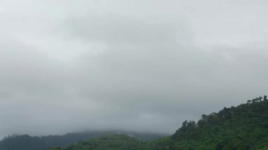 Gün batımında gün batımında sisli ve nemli dağ sırasının zaman aralığı. Sis hareket ediyor, doğal yeşil arkaplan zaman aralığı.