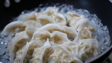 Japon usulü kızarmış gyoza köftelerini kızartma tavasında kapatıyoruz. Ev yapımı Japon yemekleri pişiriyoruz. Ev yapımı Çin usulü kızarmış gyoza, Japon mutfağı konsepti..