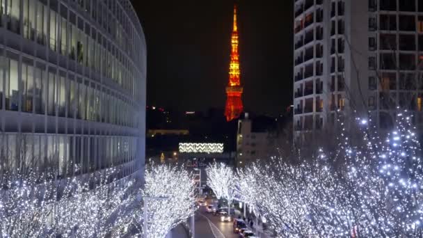 Decemer29 2023 Tokyo Japonya Sokak Boyunca Ağaçların Aydınlatılması Tokyo Kulesi — Stok video