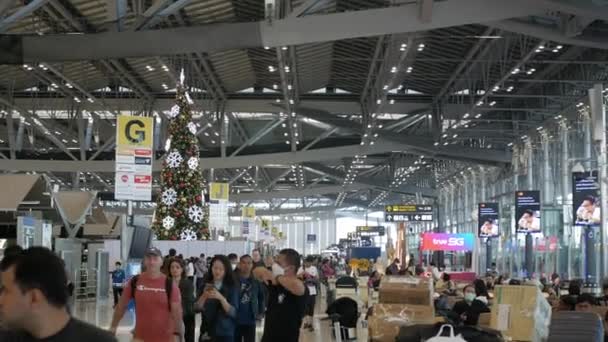 View Check Counter Row Area International Airport Terminal Crowded Christmas — Stock Video