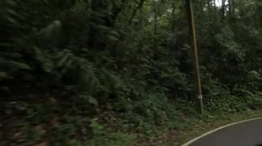 Kırsal yol manzarası yağmur ormanlarını aşıyor Tayland 'ın kuzey bölgesindeki dağda hareket halindeki aracın ön kamera görüntüsü, doğal ulaşım arka planı.