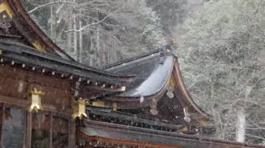 Japonya 'nın Kyoto Dağı Kurama' daki Japon tapınağının çatısına kar yağıyor. Kyoto Japonya 'da antik Budizm mimarisi