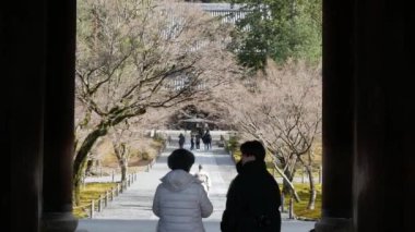 Japonya 'da Nanzenji Tapınağı' nın ana antik ahşap kapısından Kyoto 'daki ana salona giden yol, 26.2024 Ocak' ta devrilmiş akçaağaç ağaçları ve çam ağaçlarıyla çevrilidir.