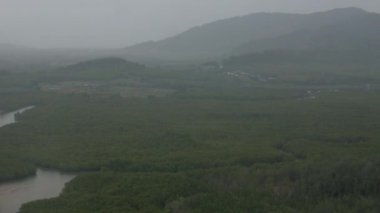 İniş yapan uçağın yeşil tropikal orman kıyısı manzaralı havadan görünüşü Phuket 'in kırsal kesiminden sağanak yağmurlu fırtına günü, inen uçağın penceresinden havadan gelen doğal yeşil manzara