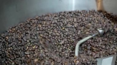 Yakından seçici odaklı aromatik kavrulmuş kahverengi kahve çekirdekleri kavrulduktan sonra özel soğutucuda dönüyor, Kahve kızartma makinası taze kavrulmuş kahve çekirdeklerini soğutuyor.