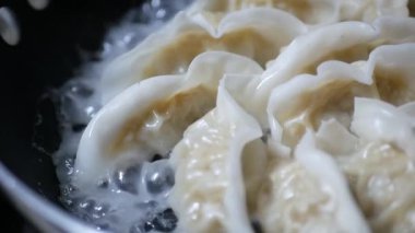 Japon usulü kızarmış gyoza köftelerini kızartma tavasında kapatıyoruz. Ev yapımı Japon yemekleri pişiriyoruz. Ev yapımı Çin usulü kızarmış gyoza, Japon mutfağı konsepti..