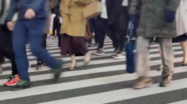 Crowd of pedestrians crossing a city street in low angle view of legs and feet of crowded people society and city life concept in feet lower view closeup in tokyo city nigh time