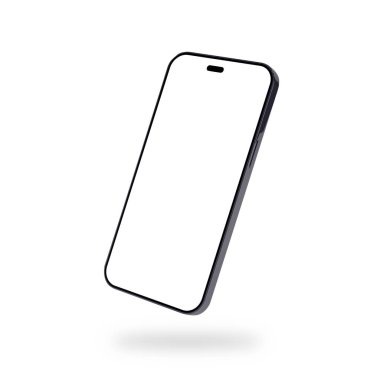Akıllı telefon modeli, beyaz arkaplanda boş ekran çerçeve şablonu olan üç açılı cep telefonundan izole edilmiş.