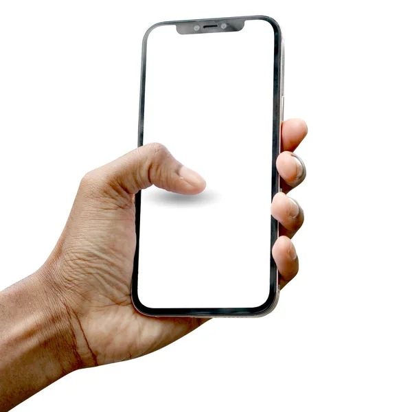 Een Hand Houden Zwarte Smartphone Geïsoleerd Witte Achtergrond Clipping Pad Stockafbeelding