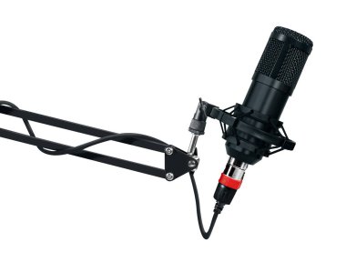 Professional microphone on white background. Sound recording and broadcasting equipment