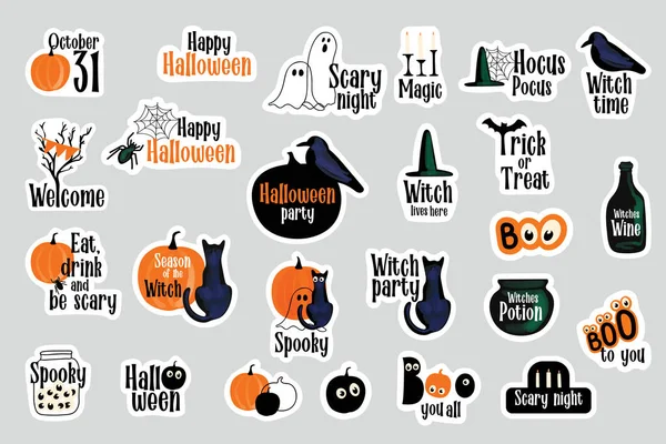 Halloween Nálepky Set Ilustrace Černou Kočkou Dýně Duchové Pavučina Černé — Stockový vektor