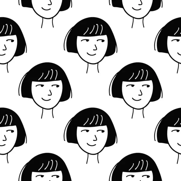 stock vector Seamless pattern with girl head illustration in black color on white.