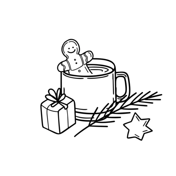 전통적 크리스마스 핫초코 Gingerbread 음료와 흰색만 스타일의 가지와 — 스톡 벡터