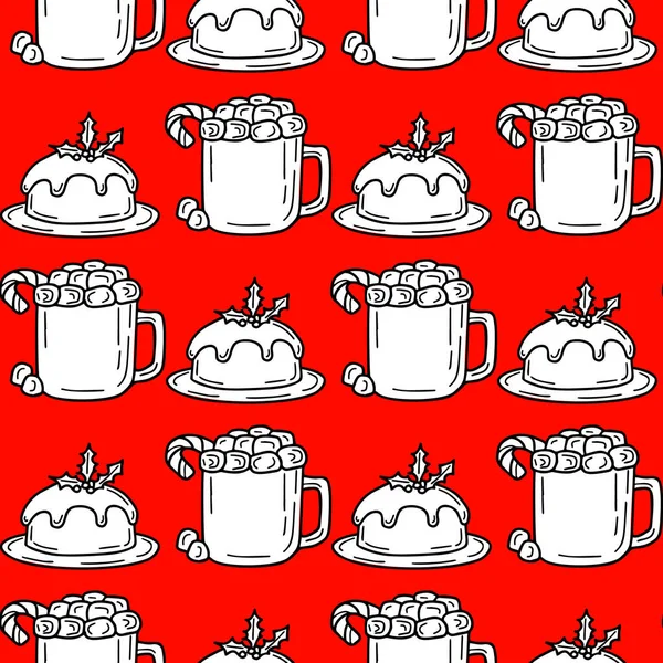 Seamless pattern with traditional Christmas cake and cocoa with marshmallows in doodle style on a red background