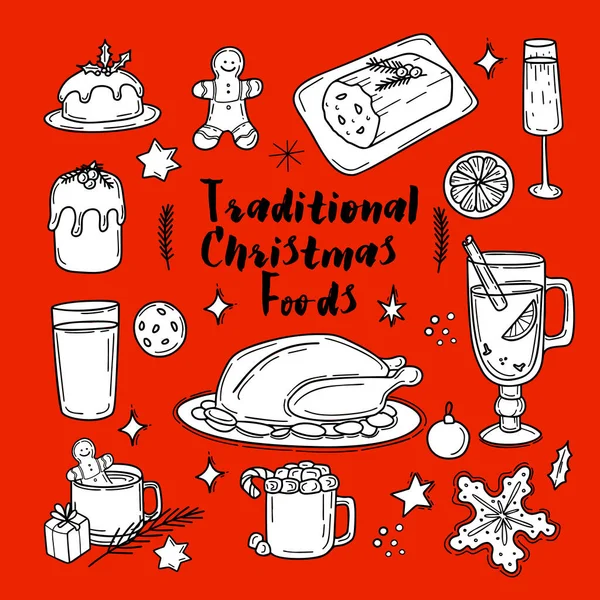 Traditional Christmas food and drink illustration in doodle style Baked meat Hot chocolate, Gingerbread, Cake stollen, Mulled wine, Cocoa with marshmallow on red background