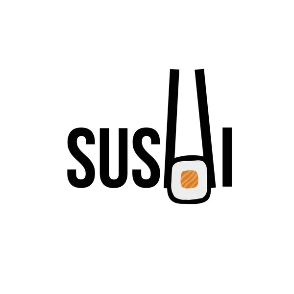 Sushi Logo Illustration Mit Text Und Sushi Rolle Mit Essstäbchen — Stockvektor