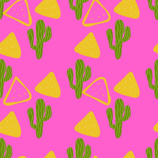 Απρόσκοπτη Μοτίβο Μεξικανική Τροφίμων Νάτσος Και Κάκτος Εικονογράφηση Ροζ Φόντο — Διανυσματικό Αρχείο