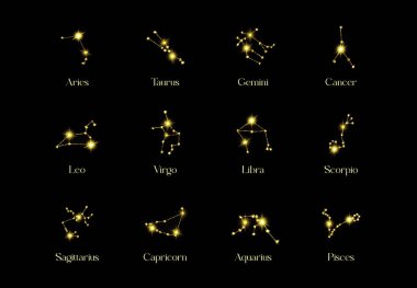Horoscope Constellations of the zodiac sign from a golden texture on a black background.